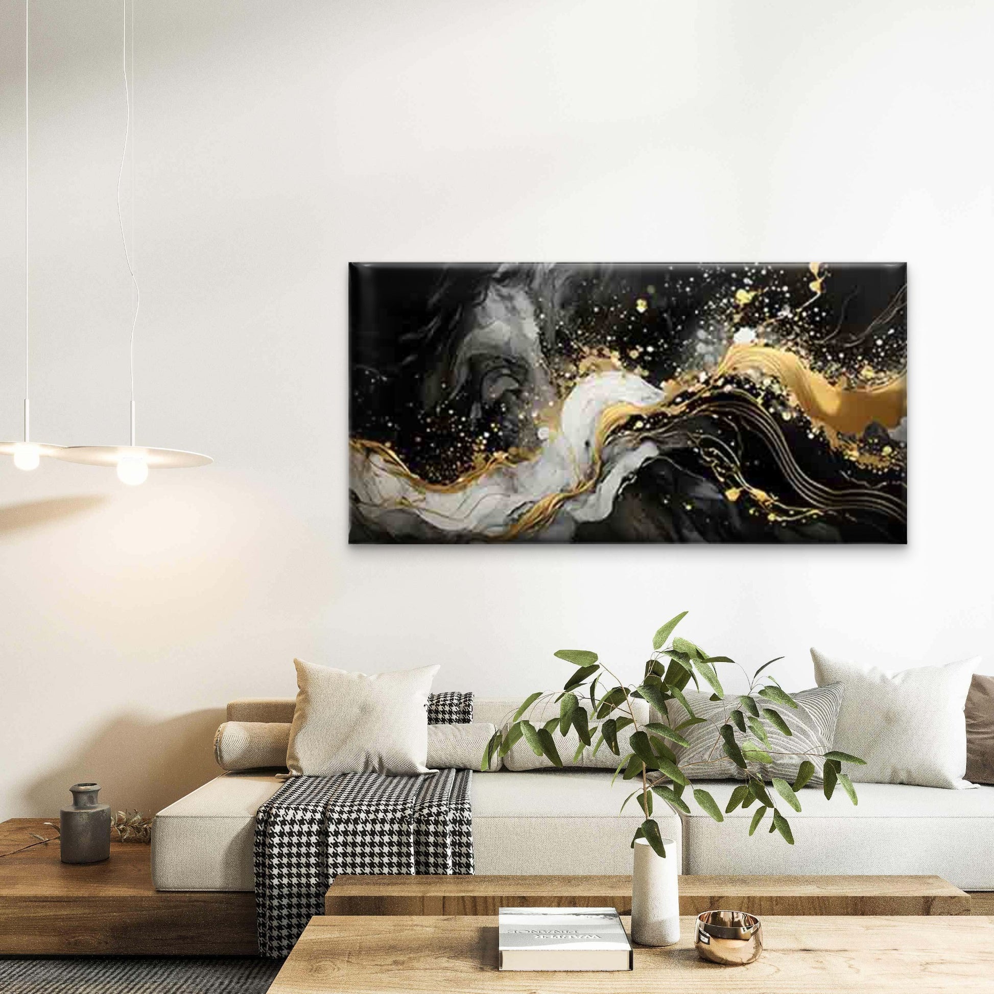 Flowing Lines in Golden, White Wall Art Canvas Office Home Room Framed 120x60cm - Bella Home Decor