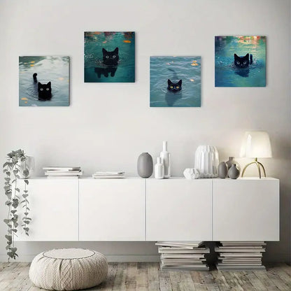 4pcs black cat in the lotus pond Wall Art Canvas Framed