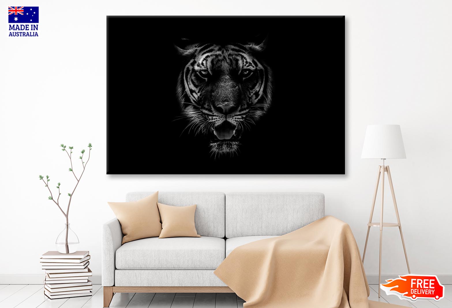 Black & White Beautiful Tiger on Black Wall Art Decor 100% Australian Made - Bella Home Decor