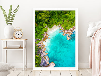 Rocks & Trees near Anse Lazio Beach Aerial Photograph Glass Framed Wall Art, Ready to Hang Quality Print Without White Border White