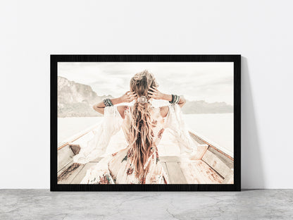 Fashion Girl in Boat Faded Photograph Glass Framed Wall Art, Ready to Hang Quality Print Without White Border Black