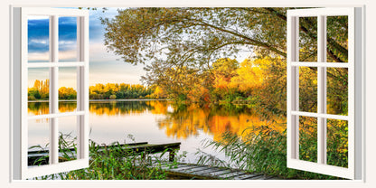Autumn Gold Lake Reflection Wall Art Canvas Office Home Room Framed 120x60cm - Bella Home Decor