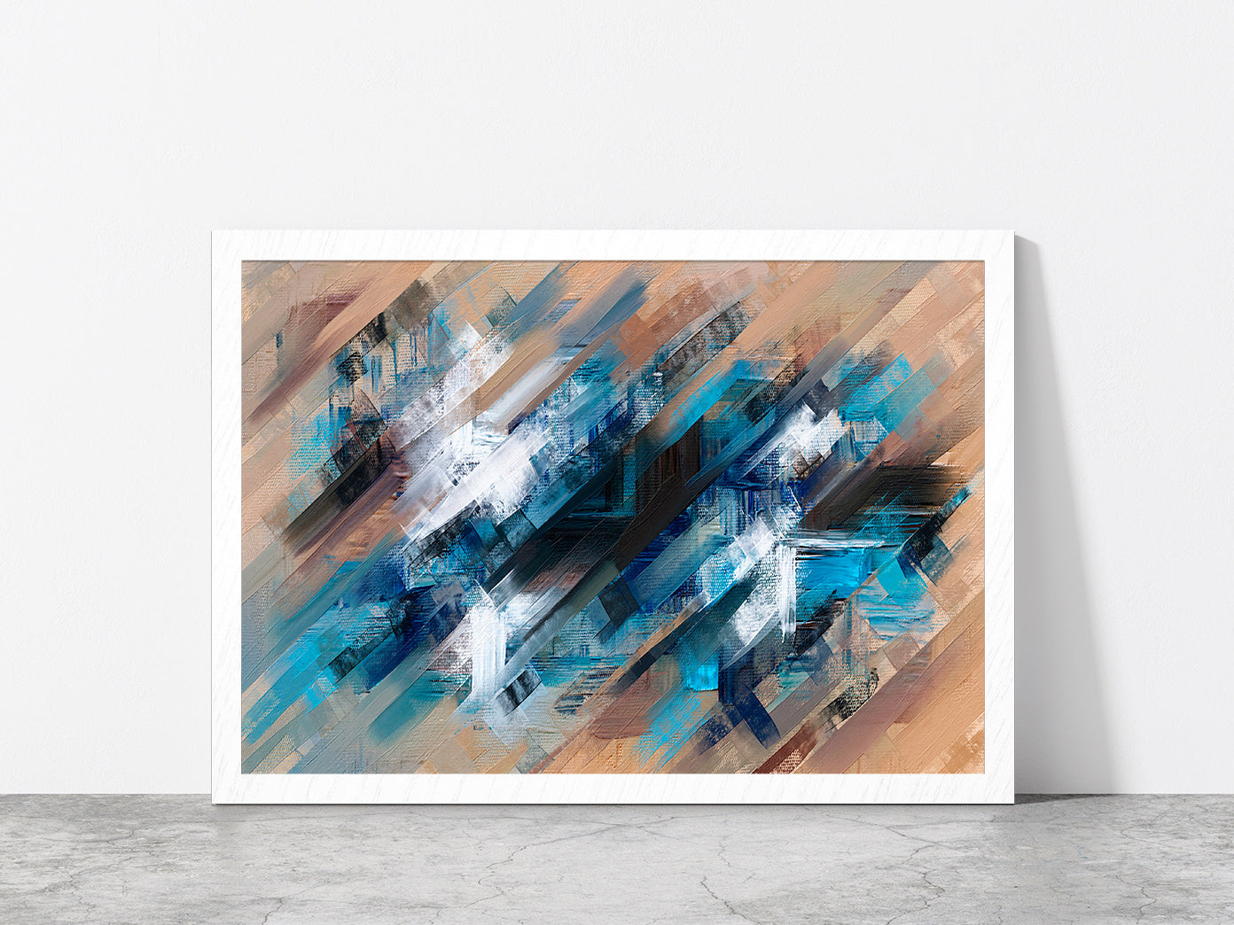 Abstract Diagonal Paint Strokes Glass Framed Wall Art, Ready to Hang Quality Print Without White Border White