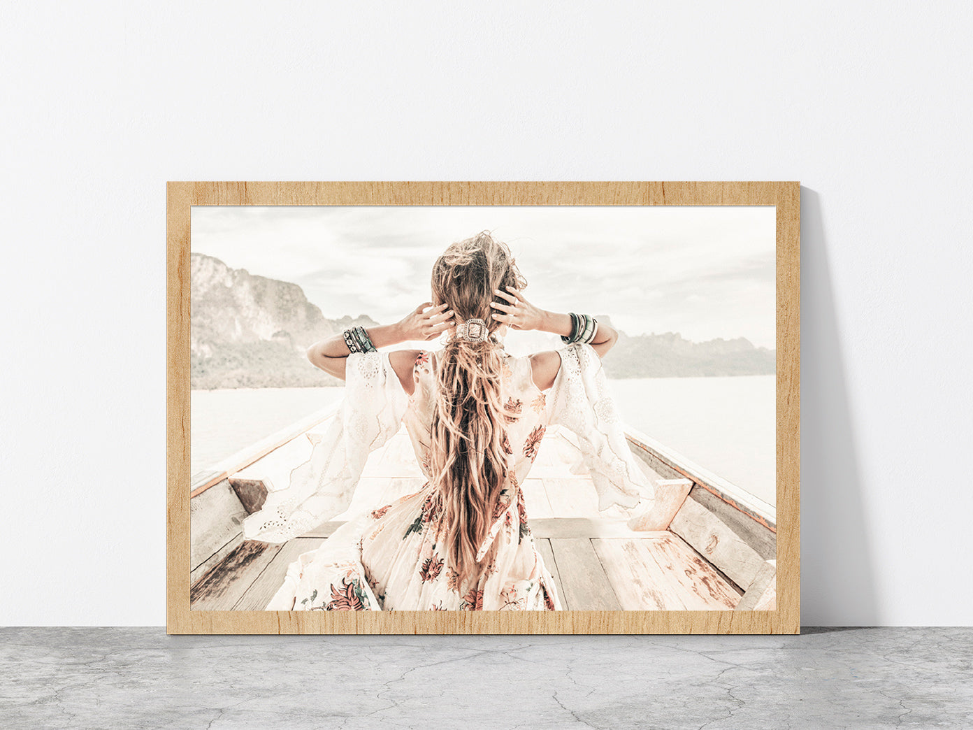 Fashion Girl in Boat Faded Photograph Glass Framed Wall Art, Ready to Hang Quality Print Without White Border Oak