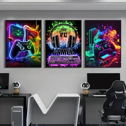 3pcs Vibrant Neon Gaming Design Metal Print Ready to Hang Art