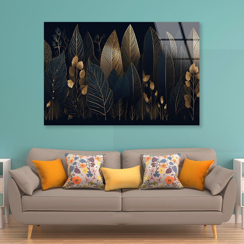 Elegant Black and Gold Leaf Pattern Acrylic Glass Print Tempered Glass Wall Art 100% Made in Australia Ready to Hang - Bella Home Decor
