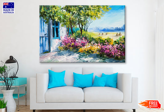 Garden near the House with Blue Sky Watercolor Painting Wall Art Limited Edition High Quality Print