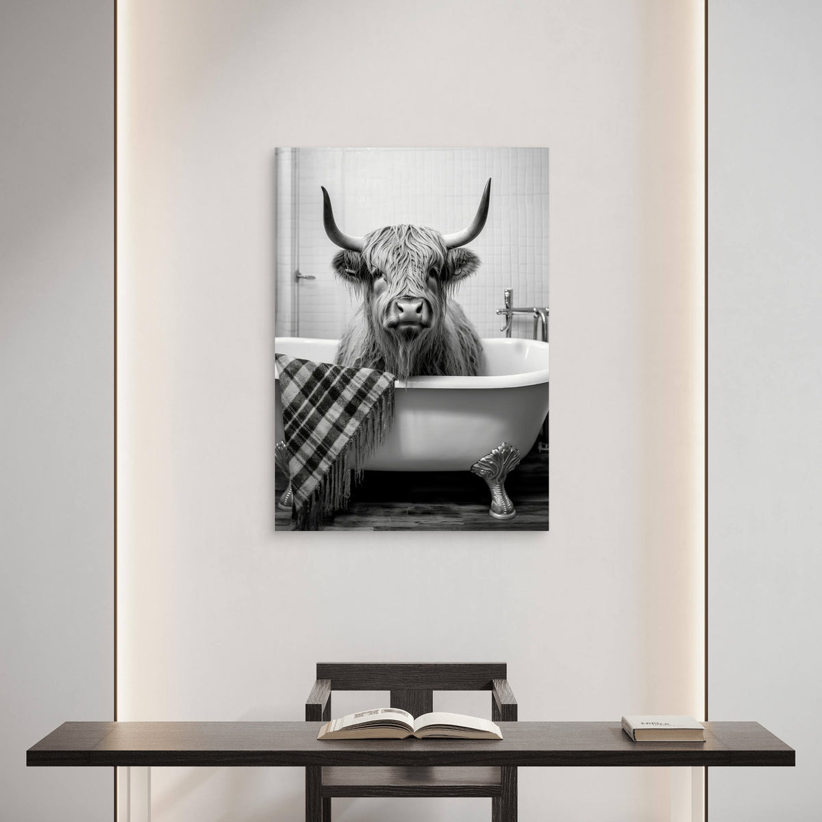 Highland Cow In Bathtub 60x90cm Metal Print Ready to Hang