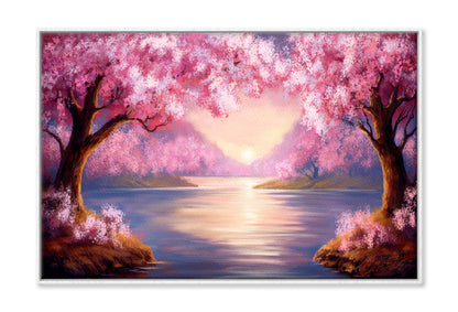 Pink Sakura Trees & Sunset over the River Painting Wall Art Limited Edition High Quality Print Canvas Box Framed White