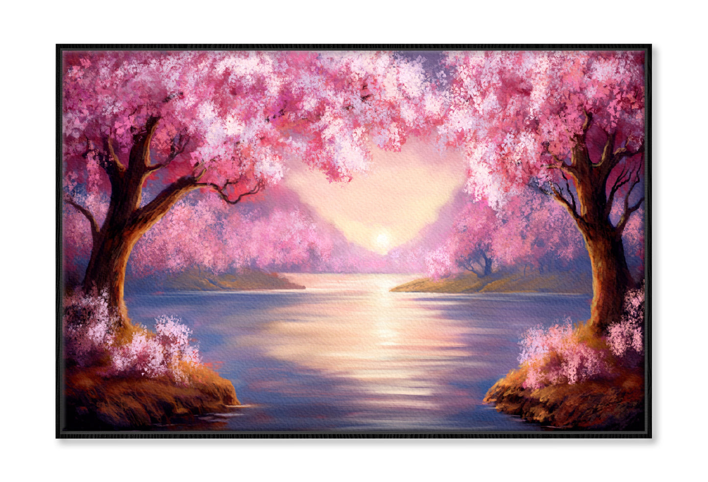 Pink Sakura Trees & Sunset over the River Painting Wall Art Limited Edition High Quality Print Canvas Box Framed Black