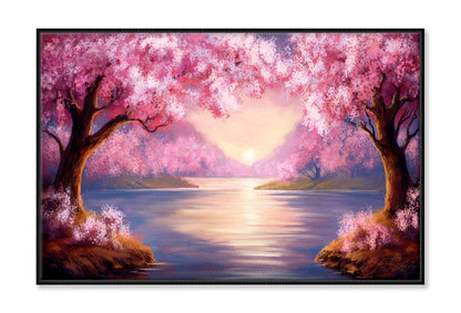 Pink Sakura Trees & Sunset over the River Painting Wall Art Limited Edition High Quality Print Canvas Box Framed Black