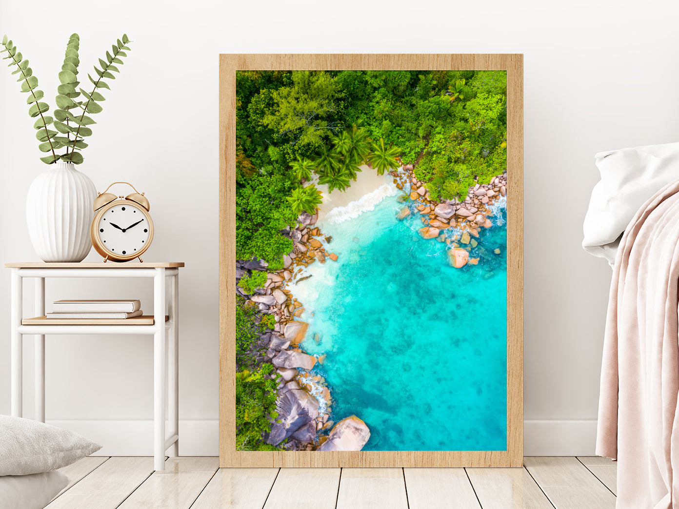 Rocks & Trees near Anse Lazio Beach Aerial Photograph Glass Framed Wall Art, Ready to Hang Quality Print Without White Border Oak