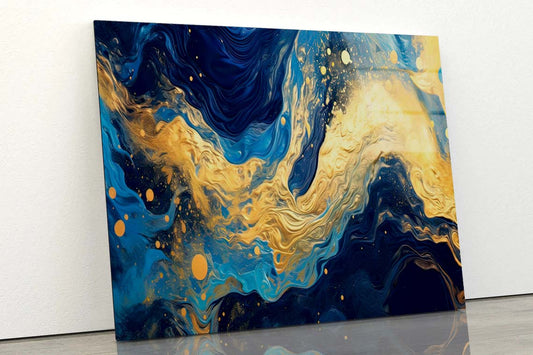 Gold Blue Liquid Swirls Acrylic Glass Print Tempered Glass Wall Art 100% Made in Australia Ready to Hang