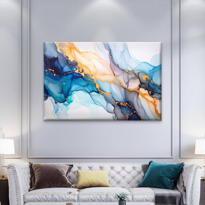 Blue Gold Marble Liquid Ink Texture Wall Art Decor 100% Australian Made