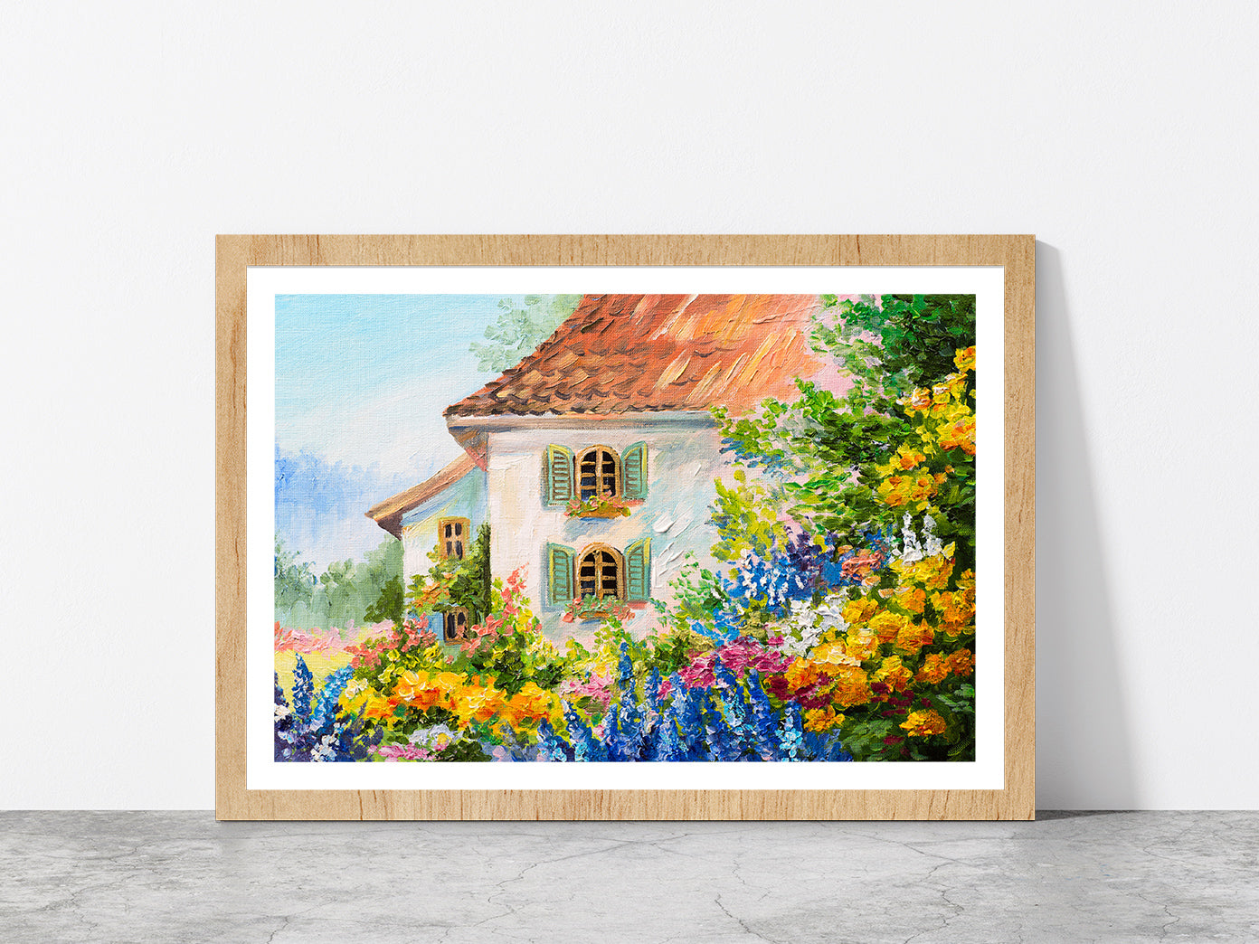 House In The Flower Garden Glass Framed Wall Art, Ready to Hang Quality Print With White Border Oak