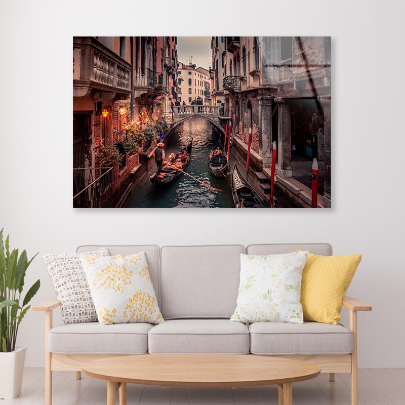 Canal With a Boat and Bridge View Acrylic Glass Print Tempered Glass Wall Art 100% Made in Australia Ready to Hang