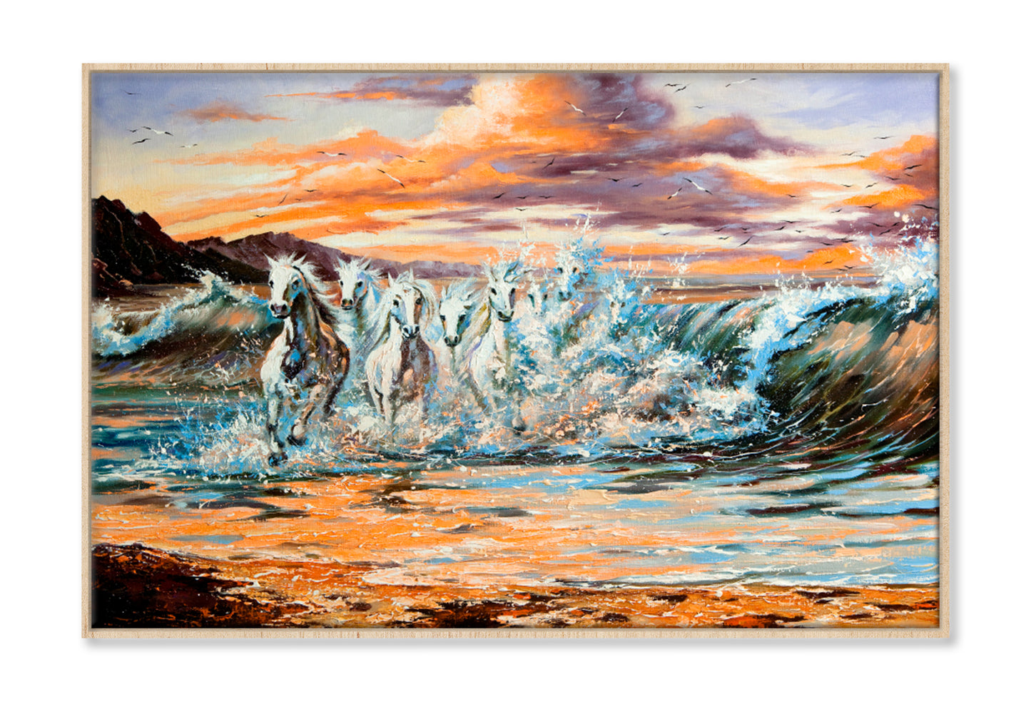 The Horses Running From Waves Oil Painting Wall Art Limited Edition High Quality Print Canvas Box Framed Natural