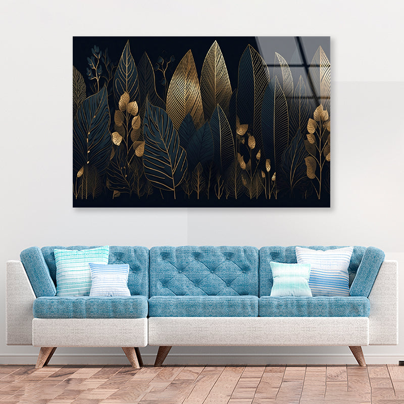 Elegant Black and Gold Leaf Pattern Acrylic Glass Print Tempered Glass Wall Art 100% Made in Australia Ready to Hang - Bella Home Decor