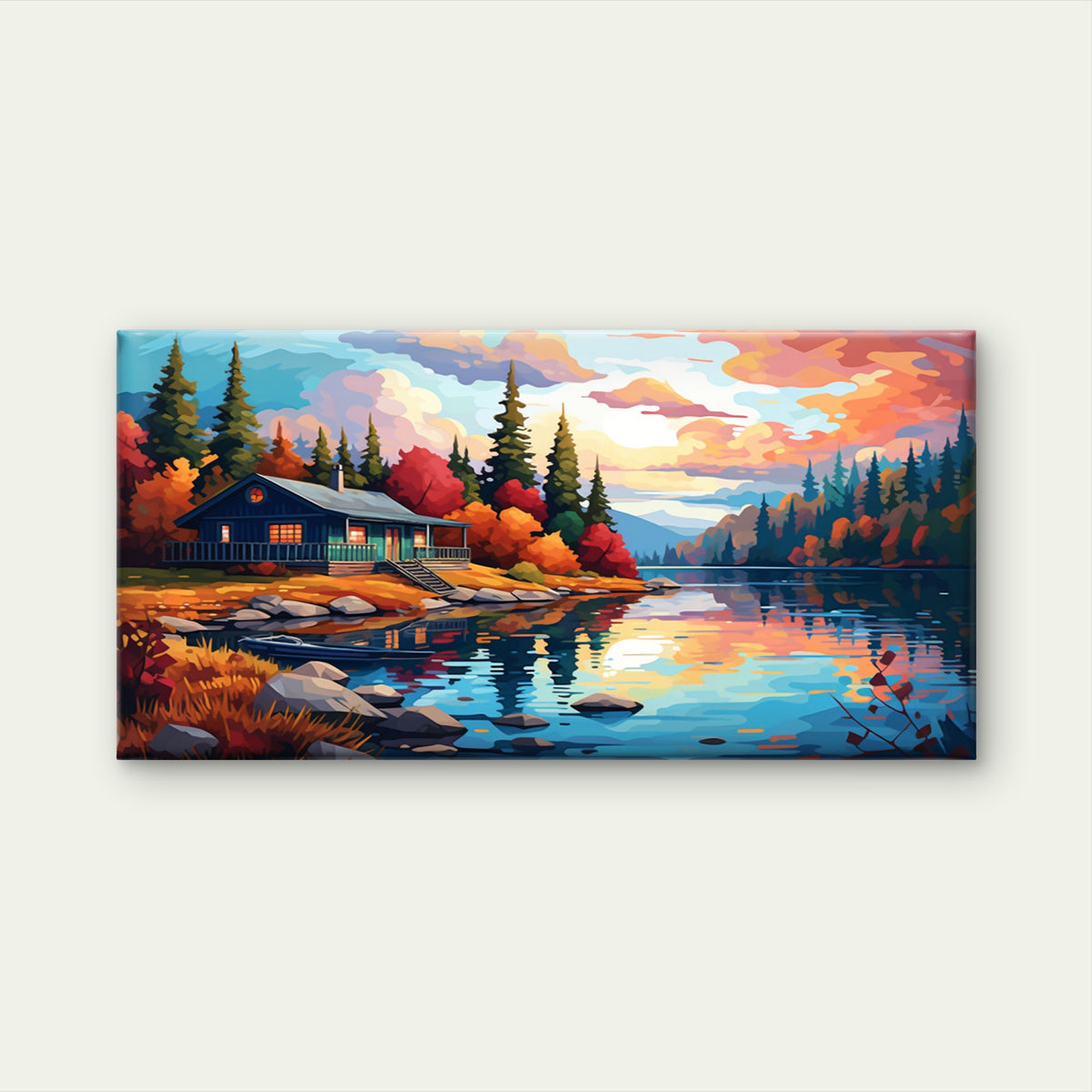 Cozy Log Cabin Lake Sunset Reflection Wall Art Canvas Office Home Framed 120x60cm