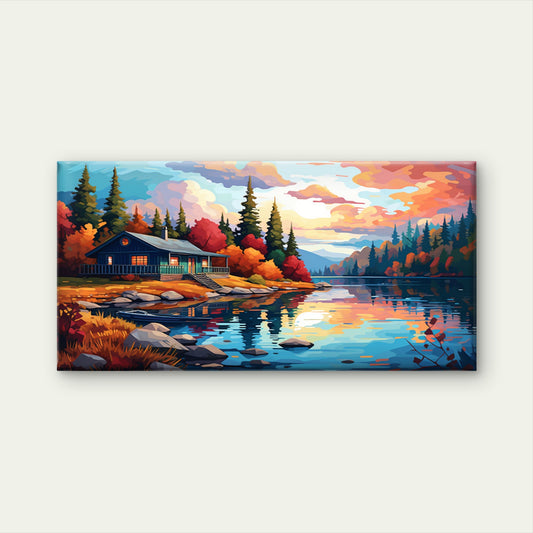 Cozy Log Cabin Lake Sunset Reflection Wall Art Canvas Office Home Framed 120x60cm