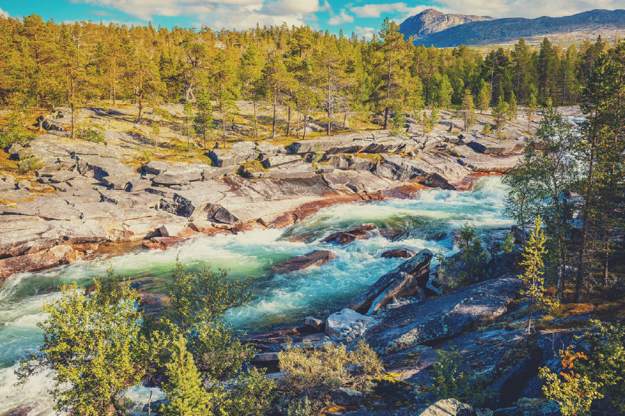 Mountain River & Forest In Norway Glass Framed Wall Art, Ready to Hang Quality Print