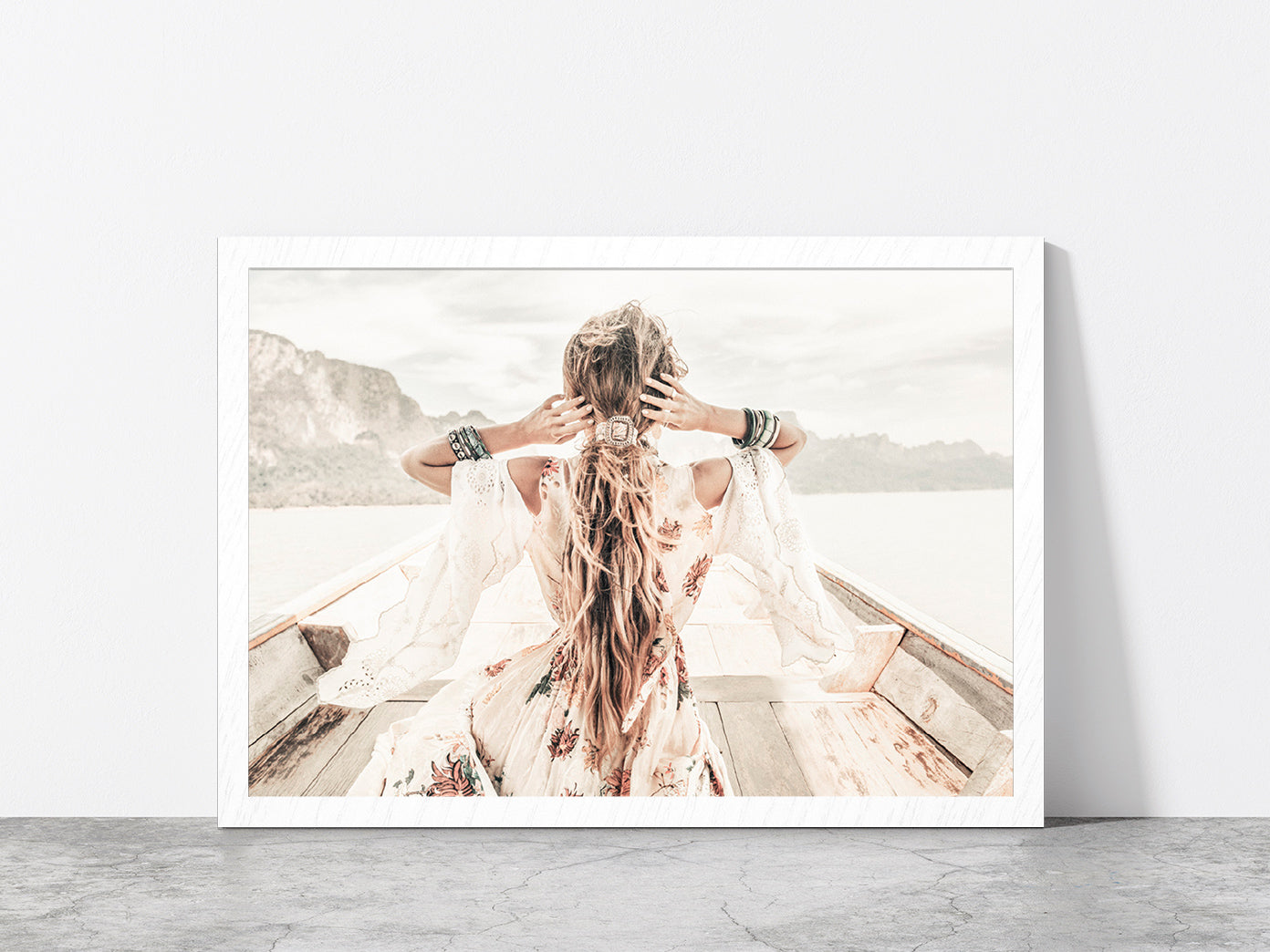 Fashion Girl in Boat Faded Photograph Glass Framed Wall Art, Ready to Hang Quality Print Without White Border White