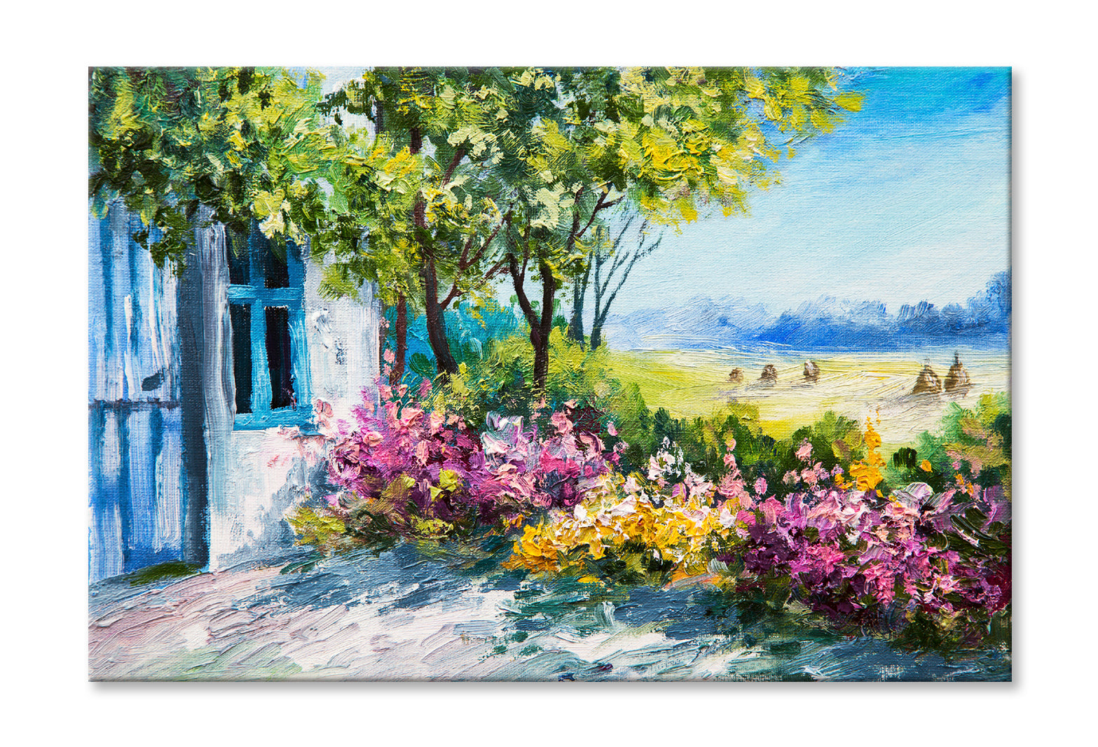 Garden near the House with Blue Sky Watercolor Painting Wall Art Limited Edition High Quality Print Stretched Canvas None