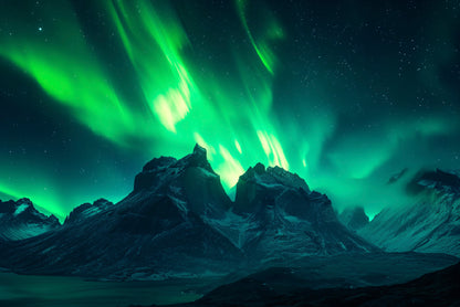 Green Northern Lights over the Mountains Print 100% Australian Made - Bella Home Decor
