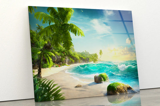 Tropical Island with Palm Trees View Acrylic Glass Print Tempered Glass Wall Art 100% Made in Australia Ready to Hang