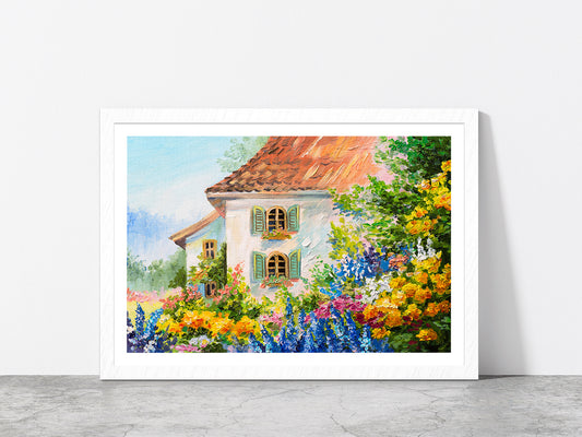 House In The Flower Garden Glass Framed Wall Art, Ready to Hang Quality Print With White Border White