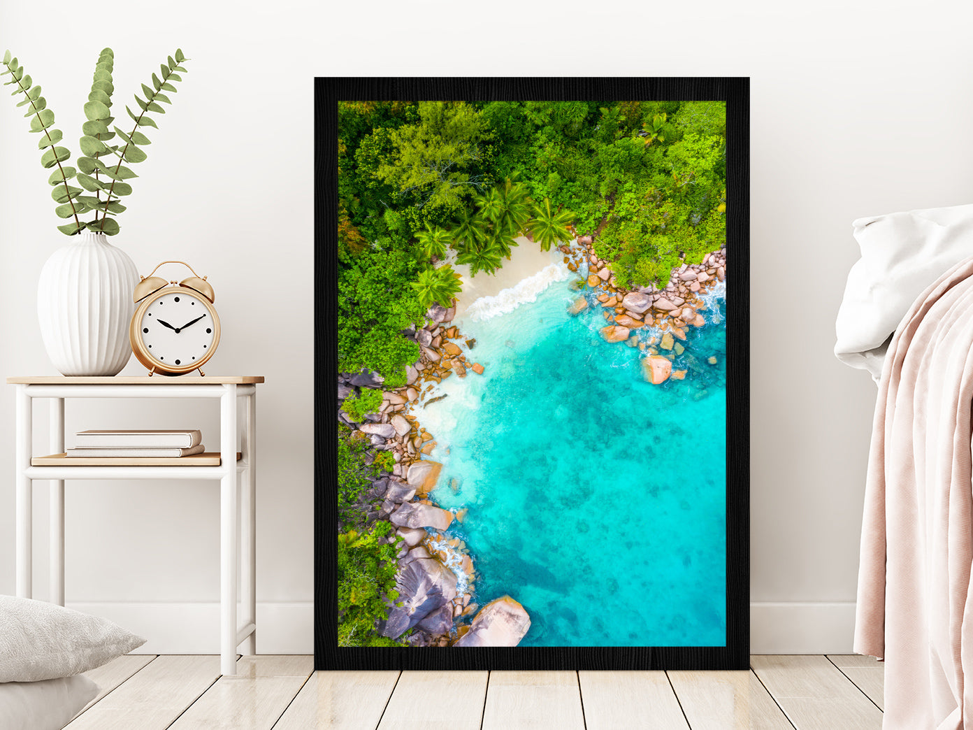 Rocks & Trees near Anse Lazio Beach Aerial Photograph Glass Framed Wall Art, Ready to Hang Quality Print Without White Border Black