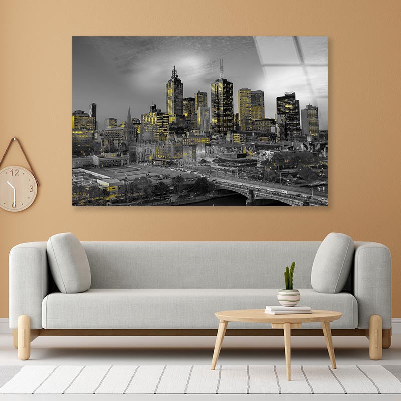 Melbourne Night With Yellow Lights Acrylic Glass Print Tempered Glass Wall Art 100% Made in Australia Ready to Hang