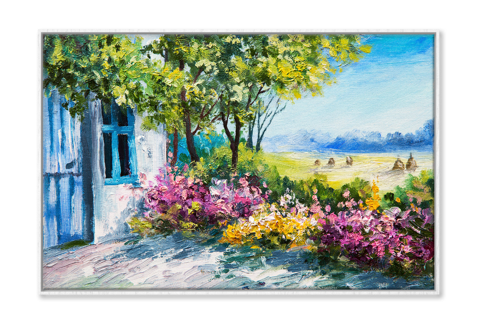 Garden near the House with Blue Sky Watercolor Painting Wall Art Limited Edition High Quality Print Canvas Box Framed White