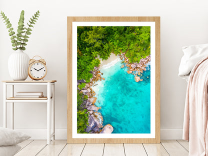 Rocks & Trees near Anse Lazio Beach Aerial Photograph Glass Framed Wall Art, Ready to Hang Quality Print With White Border Oak