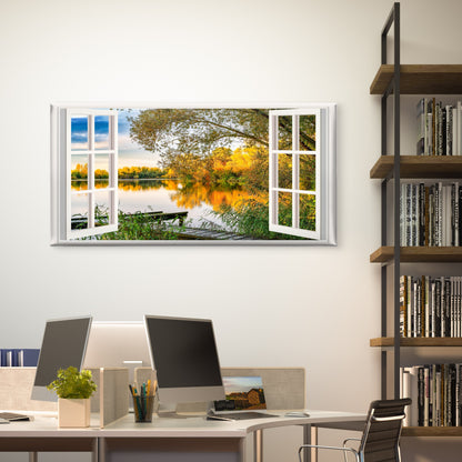 Autumn Gold Lake Reflection Wall Art Canvas Office Home Room Framed 120x60cm - Bella Home Decor