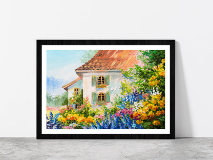 House In The Flower Garden Glass Framed Wall Art, Ready to Hang Quality Print With White Border Black