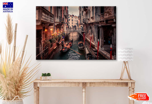 Canal With a Boat and People Wall Art Decor 100% Australian Made