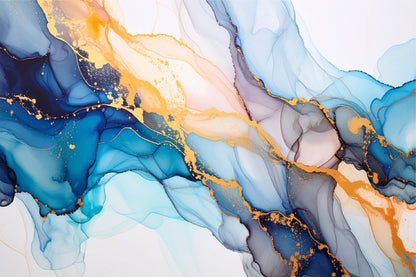 Blue Gold Marble Liquid Ink Texture Wall Art Decor 100% Australian Made