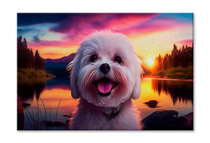 Cute Puppy Smiling, On Sunset, With A Beautiful Lake Wall Art Limited Edition High Quality Print