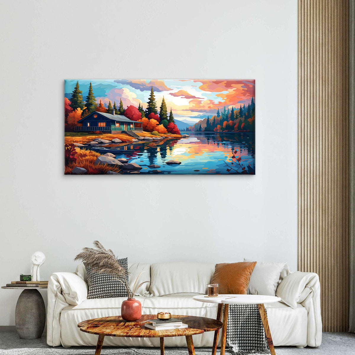Cozy Log Cabin Lake Sunset Reflection Wall Art Canvas Office Home Framed 120x60cm