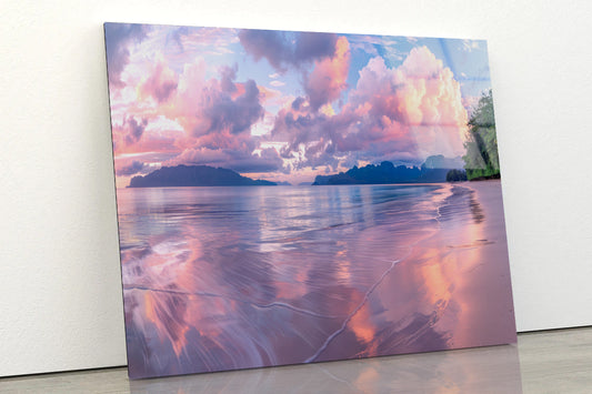 Stunning Sunset Casts Vibrant Colors over a Beach with Clouds Acrylic Glass Print Tempered Glass Wall Art 100% Made in Australia Ready to Hang