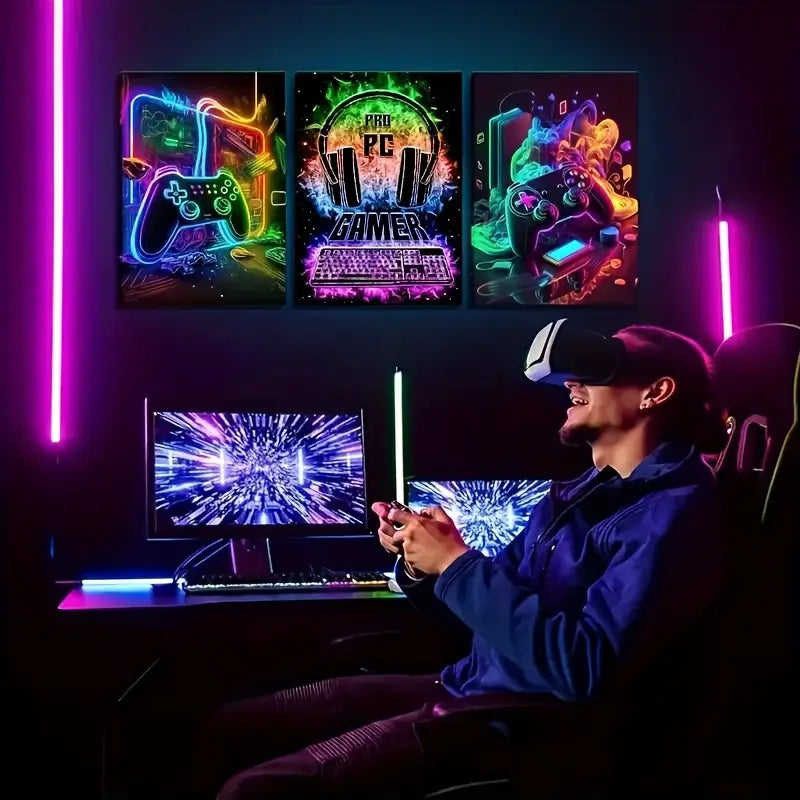 3pcs Vibrant Neon Gaming Design Metal Print Ready to Hang Art