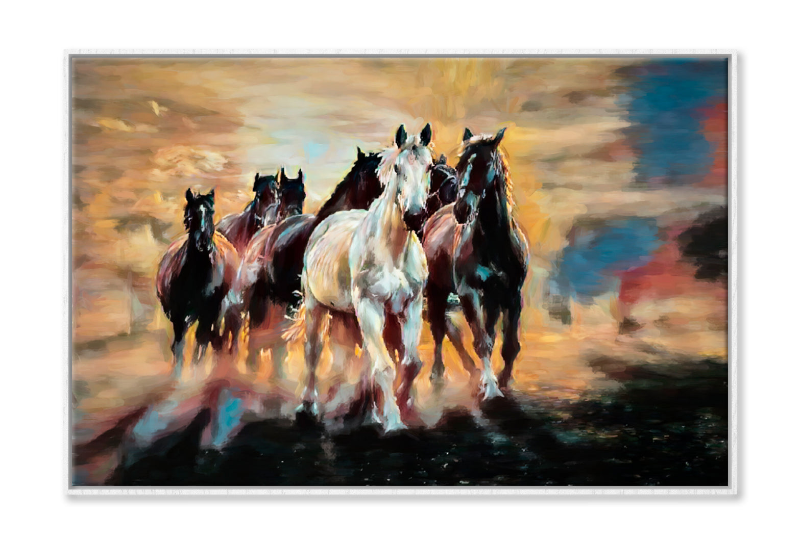 Herd Of Arabian Horses Oil Painting Wall Art Limited Edition High Quality Print Canvas Box Framed White