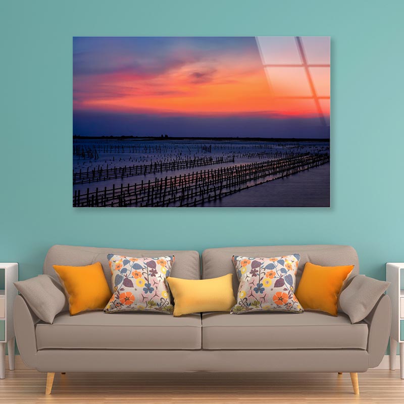 Beautiful Row Oyster Field Sea at Sunset Acrylic Glass Print Tempered Glass Wall Art 100% Made in Australia Ready to Hang