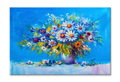 Daisy Flowers & Leaves in Vase Oil Painting Wall Art Limited Edition High Quality Print Stretched Canvas None