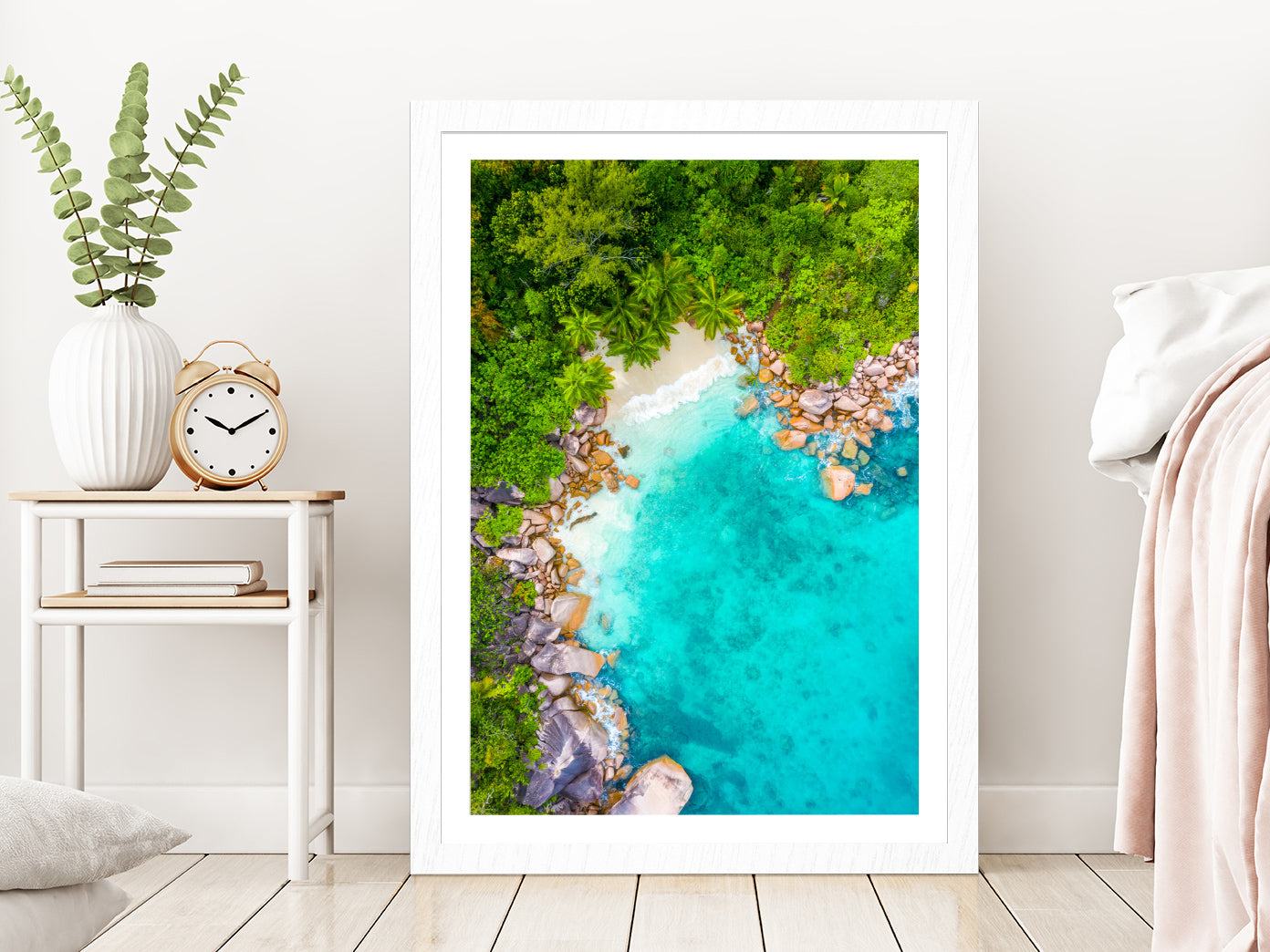 Rocks & Trees near Anse Lazio Beach Aerial Photograph Glass Framed Wall Art, Ready to Hang Quality Print With White Border White