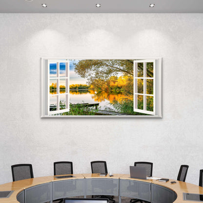Autumn Gold Lake Reflection Wall Art Canvas Office Home Room Framed 120x60cm - Bella Home Decor