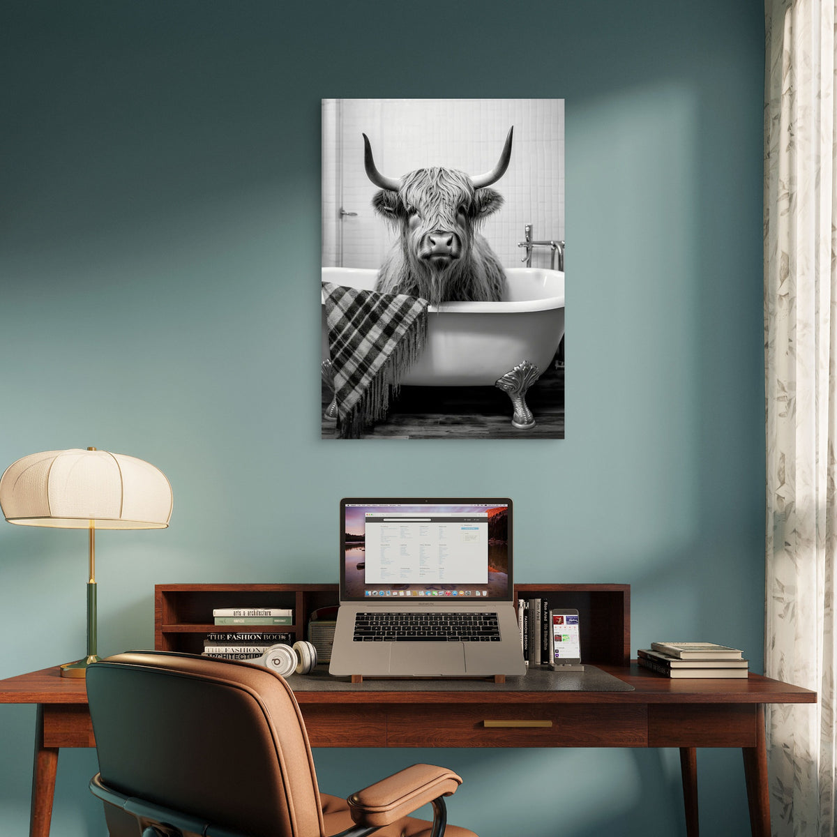 Highland Cow In Bathtub 60x90cm Metal Print Ready to Hang