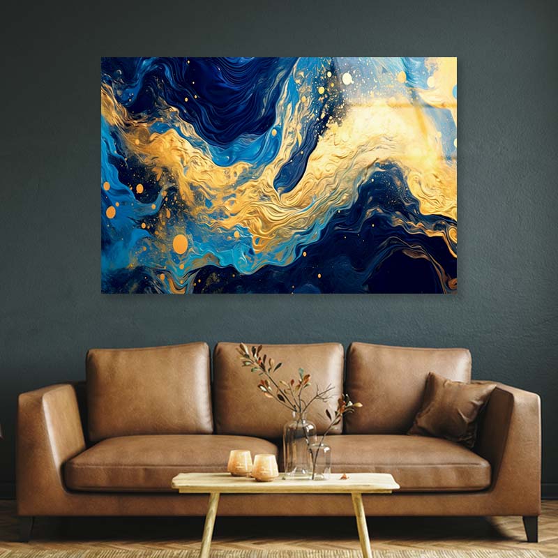 Gold Blue Liquid Swirls Acrylic Glass Print Tempered Glass Wall Art 100% Made in Australia Ready to Hang