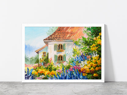 House In The Flower Garden Glass Framed Wall Art, Ready to Hang Quality Print Without White Border White